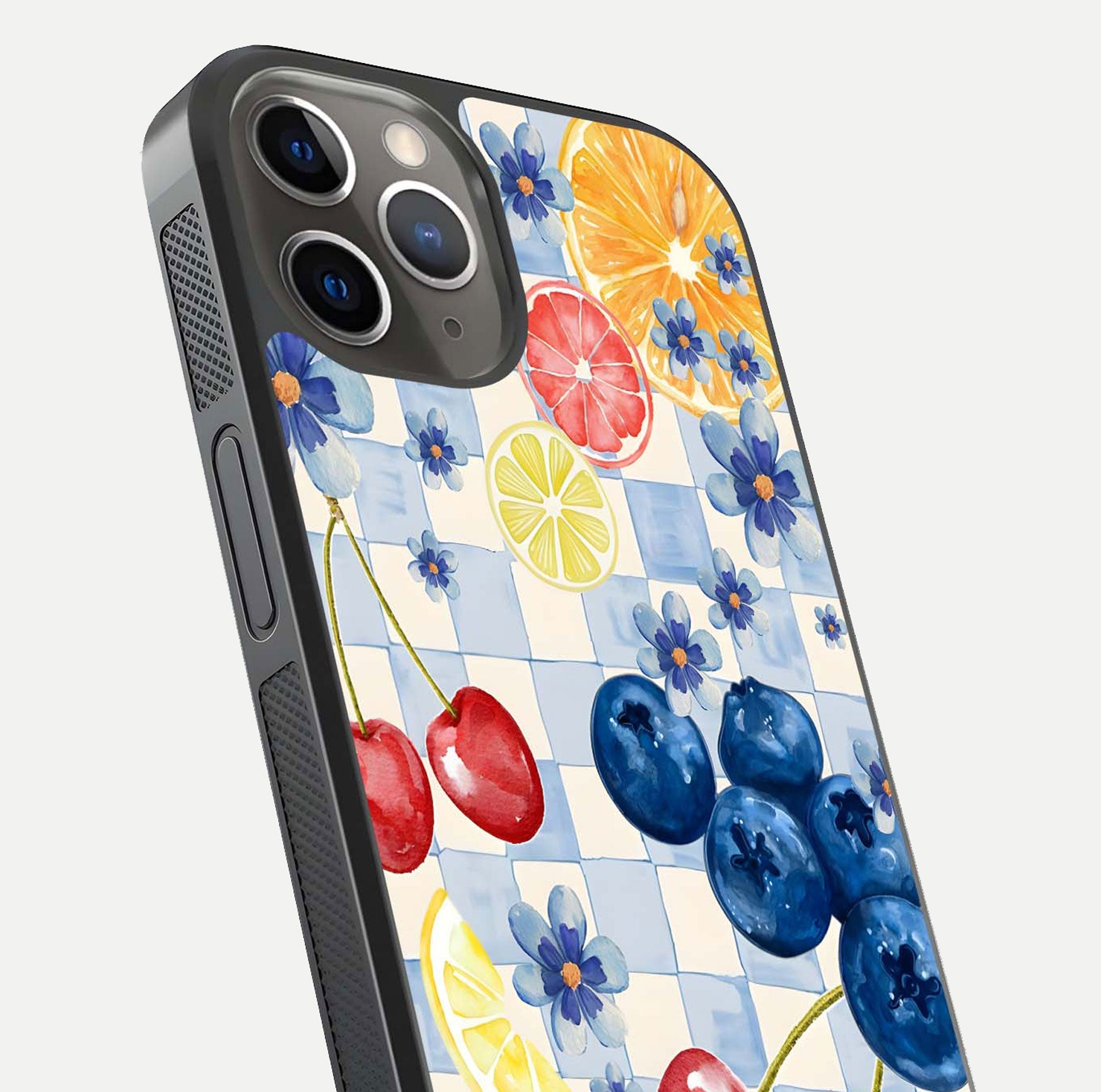 Citrus Bloom Joy Glass Case for iPhone 13 Pro close-up highlighting orange blossoms and reflection detail