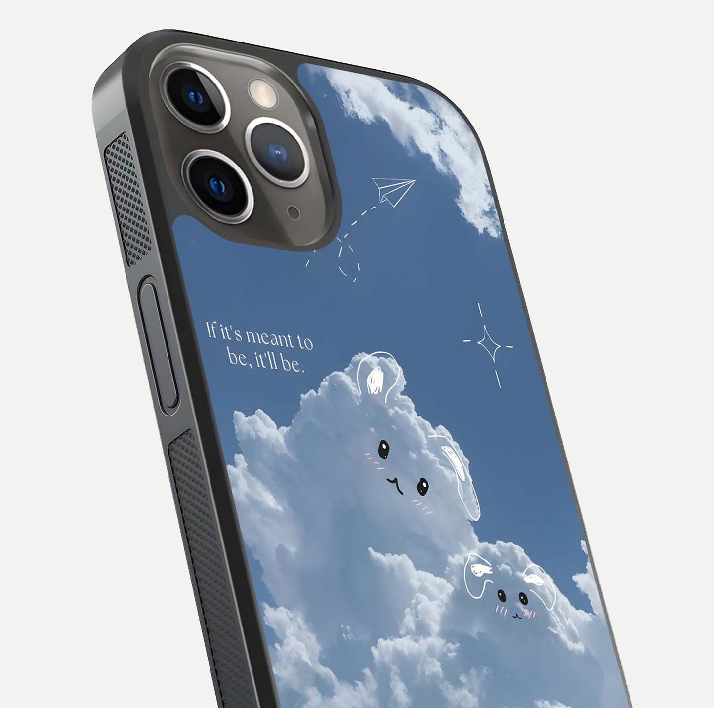 Cloud Bunny Dreams Glass Case for iPhone 13 Pro close-up showing bunny art, dreamy clouds, and HD shine