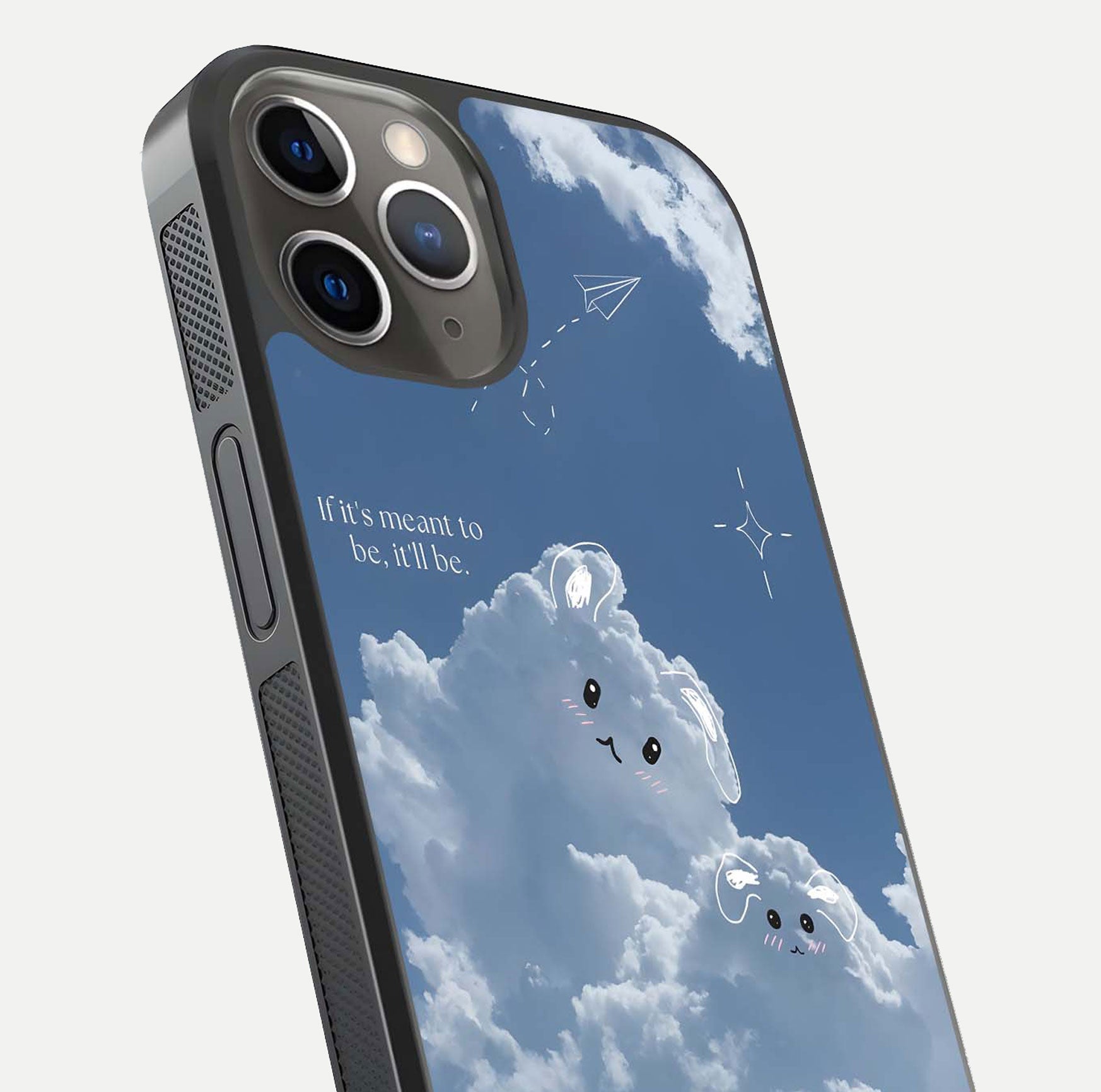 Cloud Bunny Dreams Glass Case for iPhone 13 Pro close-up showing bunny art, dreamy clouds, and HD shine
