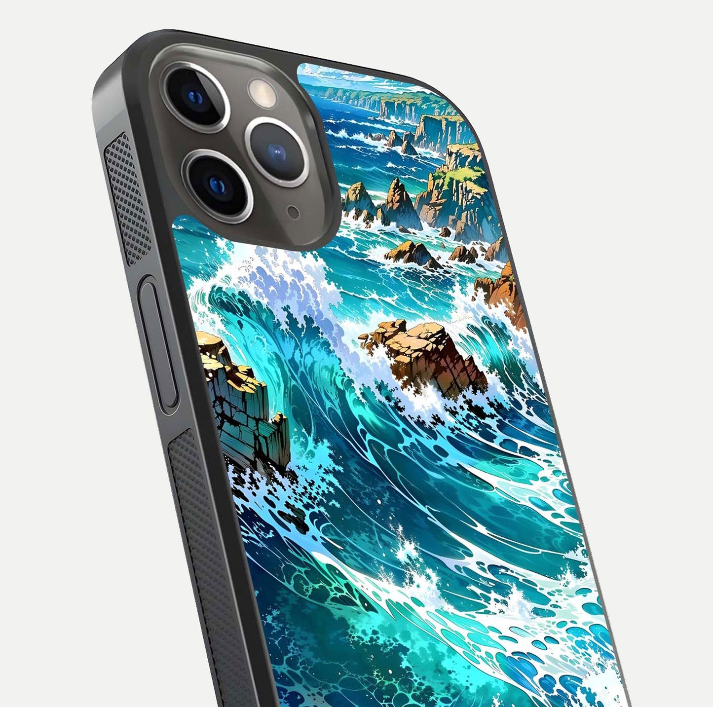 Coastal Blue Waves Glass Case for iPhone 13 Pro close-up highlighting wave texture and blue shine