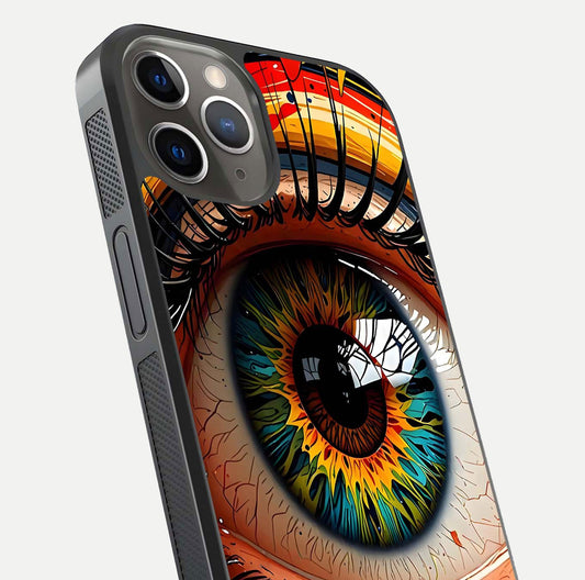 Colorful Eye Glass Case for iPhone 13 Pro close-up highlighting eye pattern detail and reflection shine