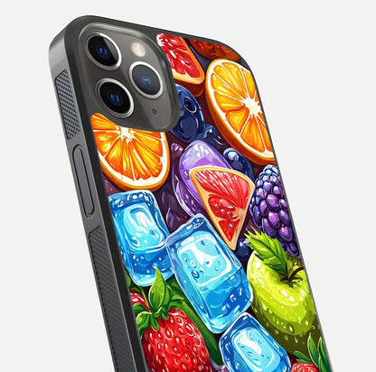 Colorful Fruits with Ice Glass Case for iPhone 13 Pro close-up highlighting fruit color and reflection glow