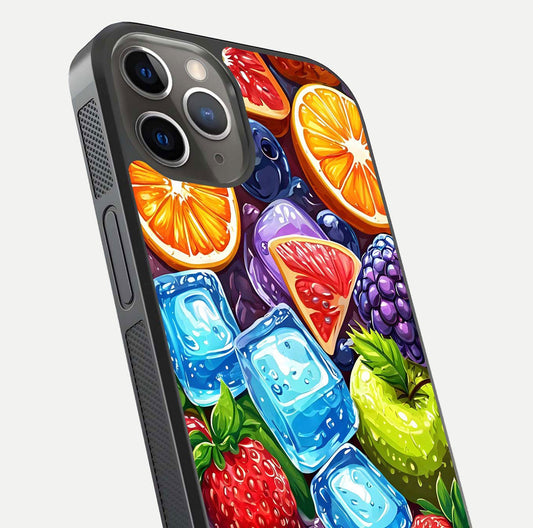 Colorful Fruits with Ice Glass Case for iPhone 13 Pro close-up highlighting fruit color and reflection glow