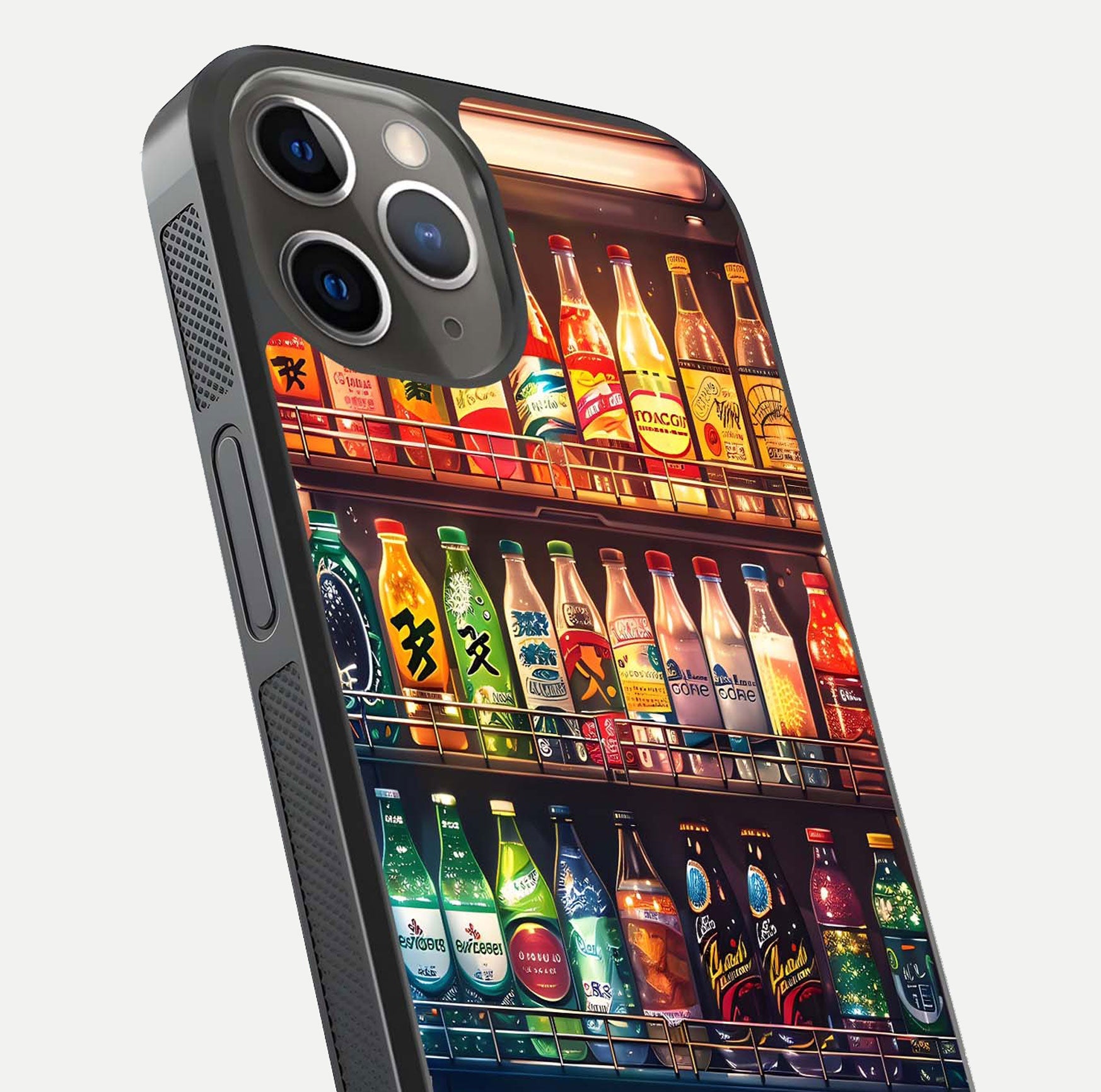Colorful Soda Bottles Glass Case for iPhone 13 Pro close-up showing colorful bottles and HD reflection
