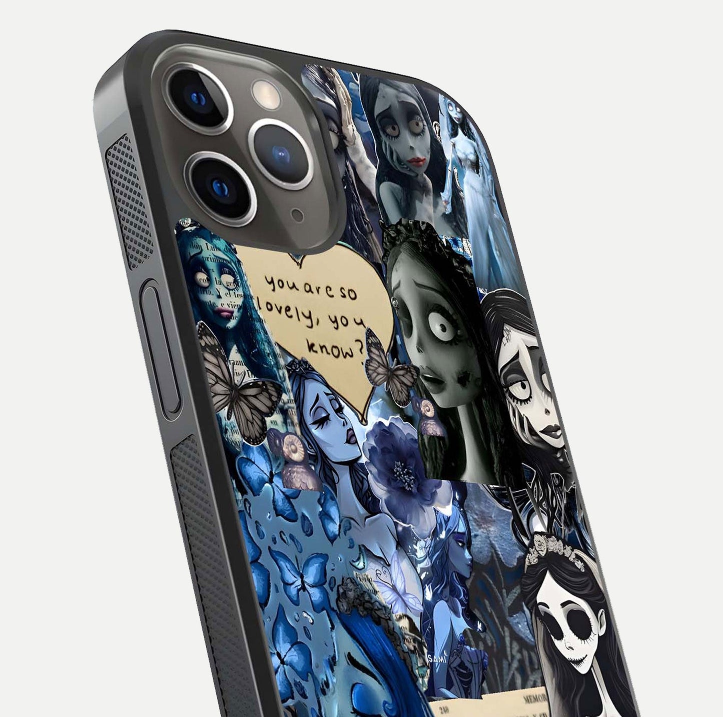 Corpse Bride Posters Glass Case for iPhone 13 Pro close-up highlighting detailed artwork and reflection polish