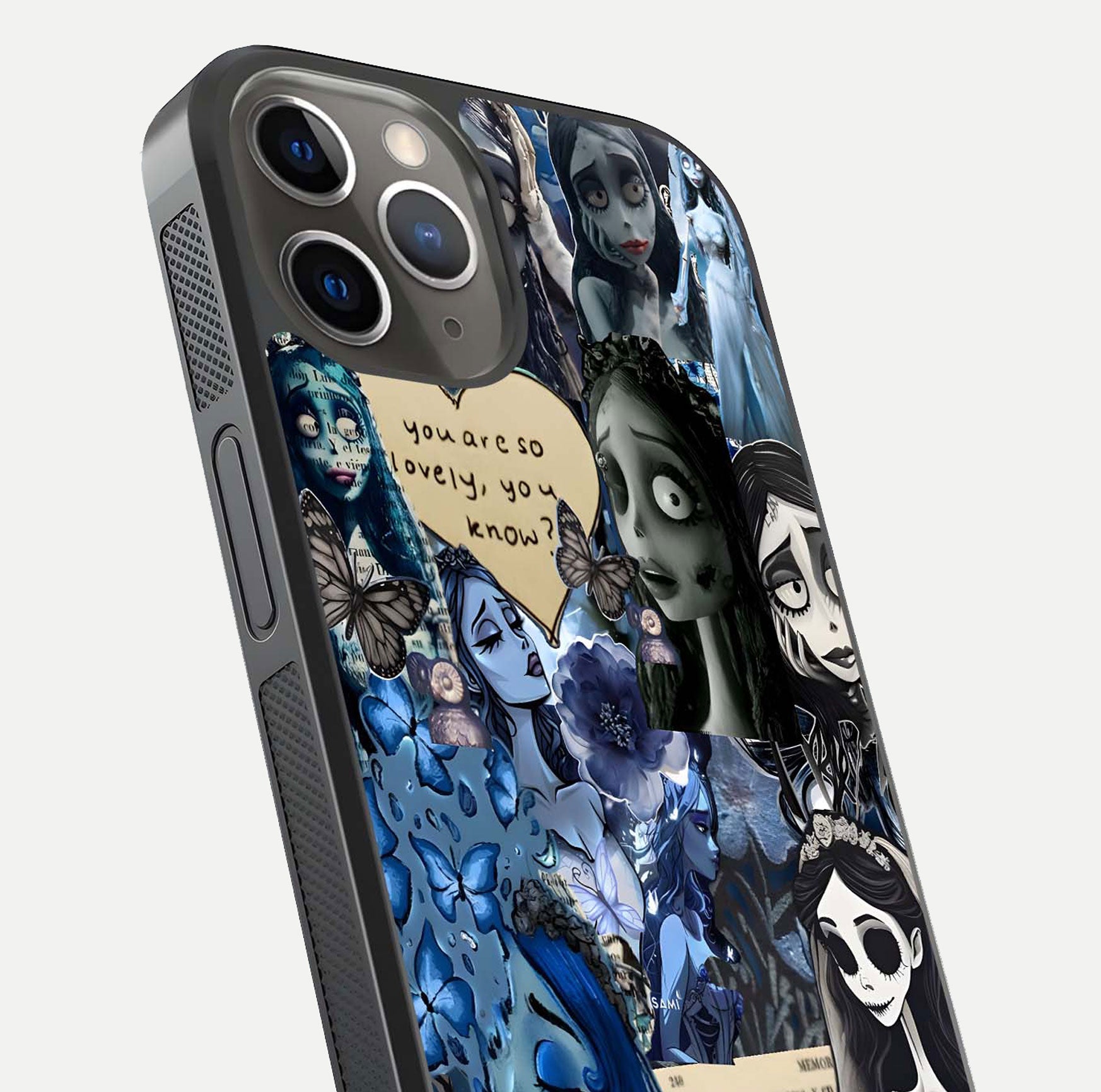 Corpse Bride Posters Glass Case for iPhone 13 Pro close-up highlighting detailed artwork and reflection polish