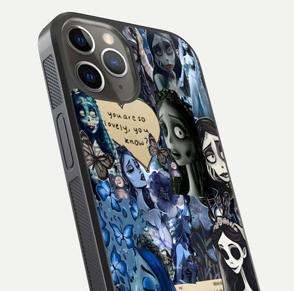 Corpse Bride Posters Glass Case for iPhone 13 Pro close-up highlighting detailed artwork and reflection polish
