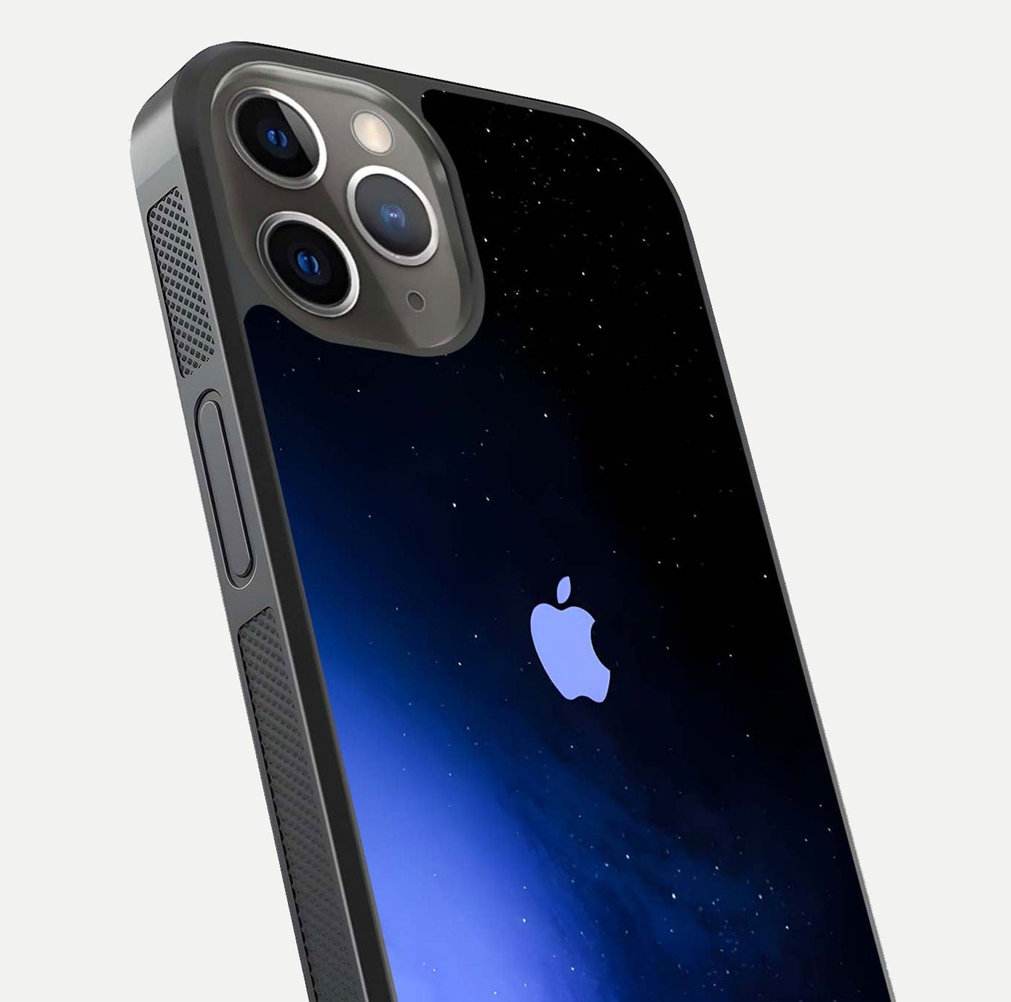 Cosmic Blue Apple Glass Case for iPhone 13 Pro close-up highlighting galaxy pattern, shine, and reflection detail