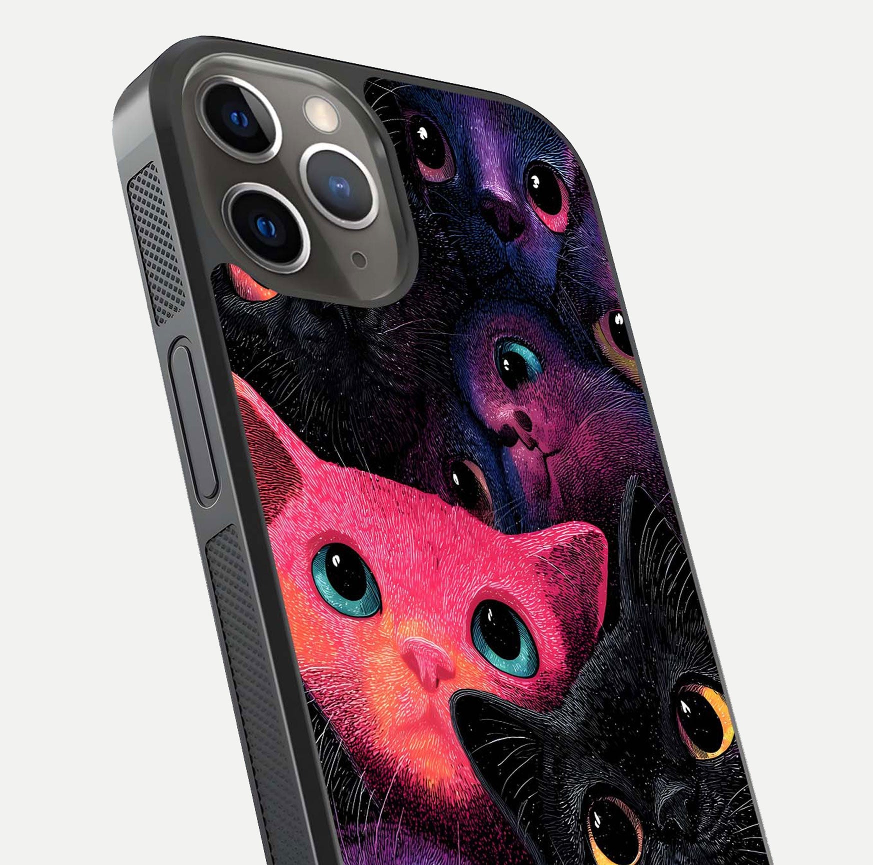 Cosmic Cats Dreams Glass Case for iPhone 13 Pro close-up highlighting cats and cosmic glow reflection