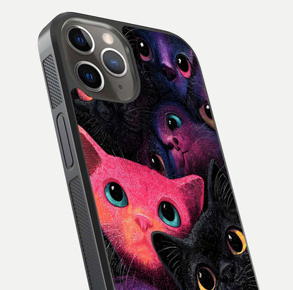 Cosmic Cats Dreams Glass Case for iPhone 13 Pro close-up highlighting cats and cosmic glow reflection
