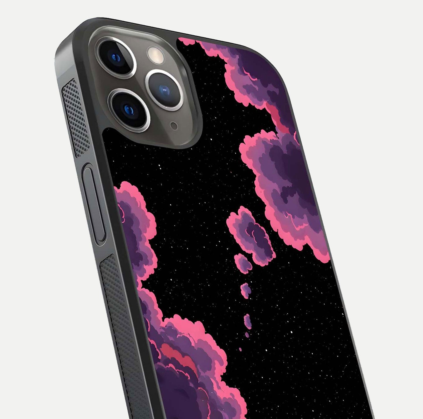 Cosmic Cloud Journey Glass Case for iPhone 13 Pro close-up highlighting star clusters and reflection texture