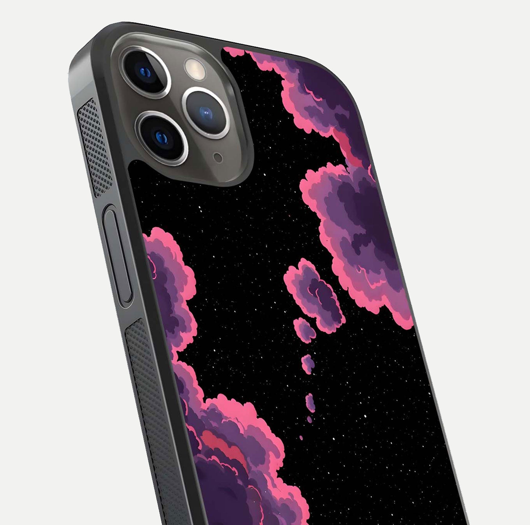 Cosmic Cloud Journey Glass Case for iPhone 13 Pro close-up highlighting star clusters and reflection texture