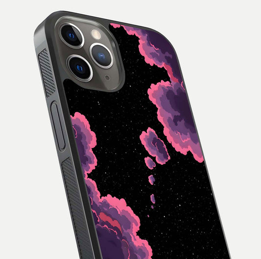 Cosmic Cloud Journey Glass Case for iPhone 13 Pro close-up highlighting star clusters and reflection texture