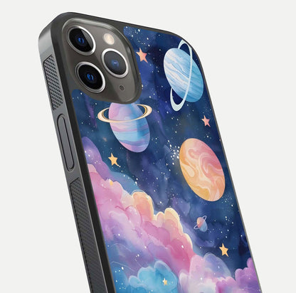 Cosmic Planet Dreams Glass Case for iPhone 13 Pro close-up highlighting planetary details and reflection glow