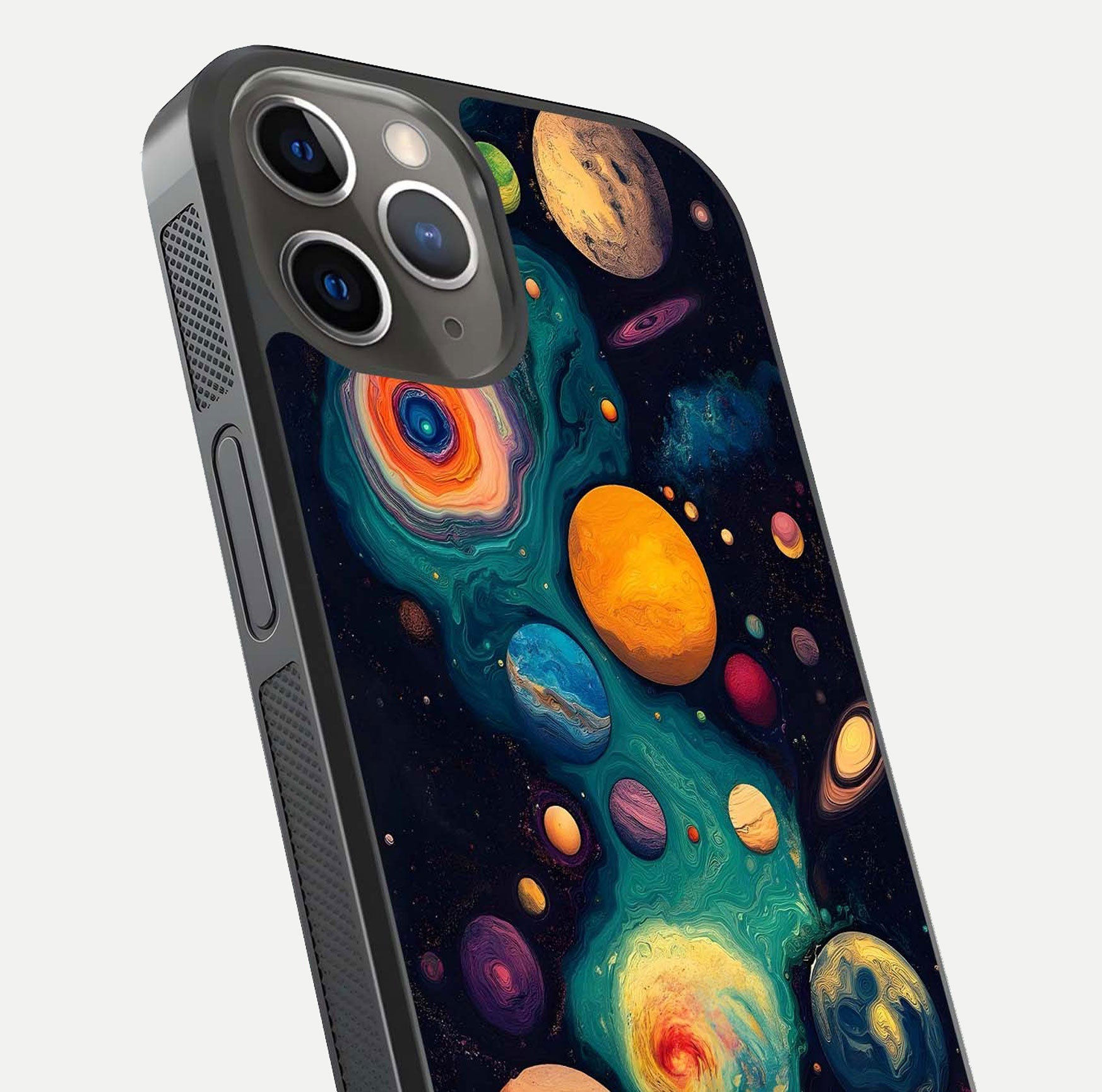 Cosmic Planet Journey Glass Case for iPhone 13 Pro close-up highlighting planets, stars, and shine reflection