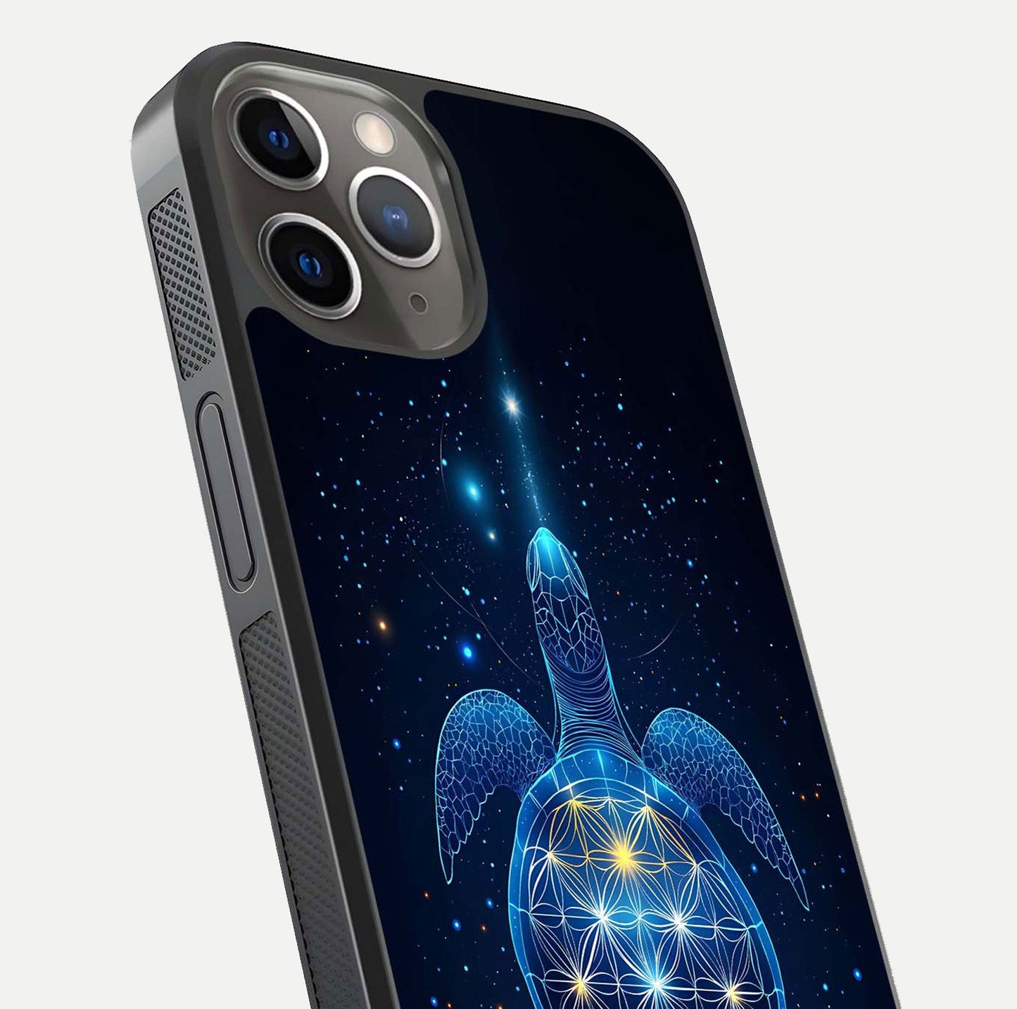 Crimson Blue Turtle Glass Case for iPhone 13 Pro close-up highlighting turtle shell detail and shine reflection
