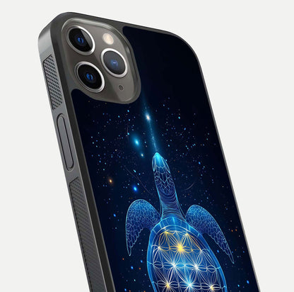 Crimson Blue Turtle Glass Case for iPhone 13 Pro close-up highlighting turtle shell detail and shine reflection