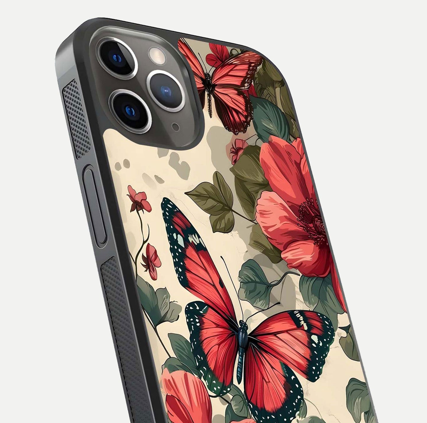 Crimson Butterfly Garden Glass Case for iPhone 13 Pro close-up showing wing detail and reflection shine