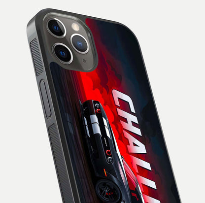 Crimson Challenger Fury Glass Case for iPhone 13 Pro close-up highlighting car details and reflection depth