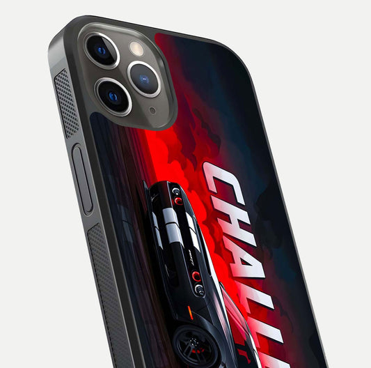 Crimson Challenger Fury Glass Case for iPhone 13 Pro close-up highlighting car details and reflection depth