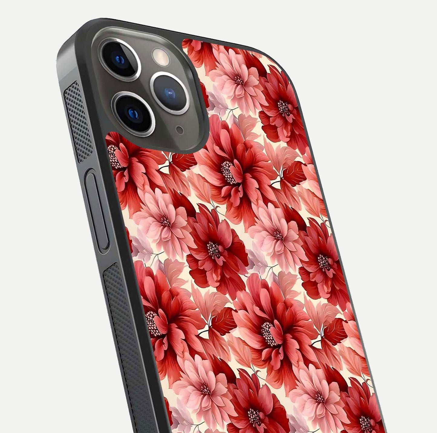 Crimson Love Petals Glass Case for iPhone 13 Pro close-up highlighting petal texture and light reflection