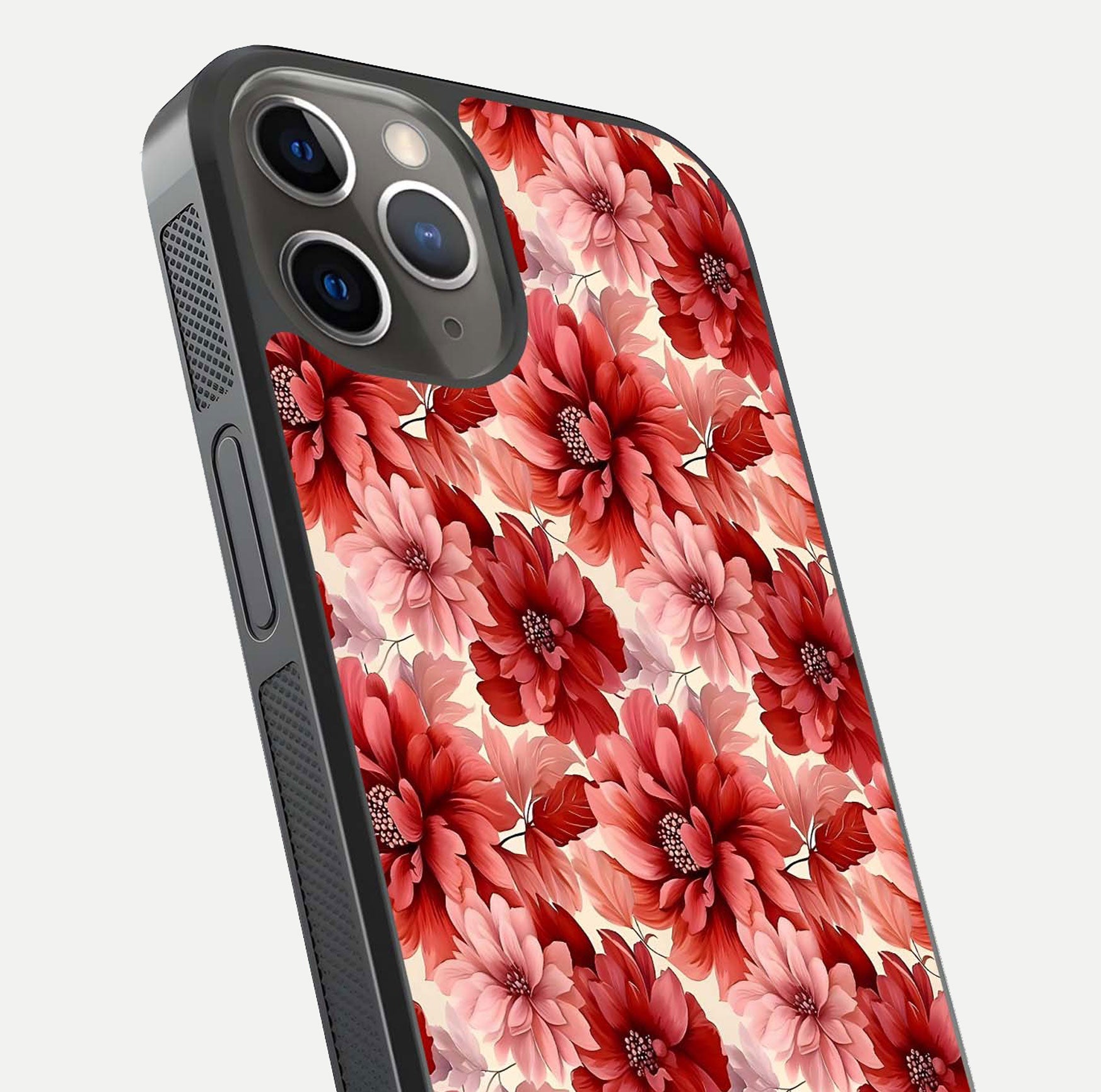Crimson Love Petals Glass Case for iPhone 13 Pro close-up highlighting petal texture and light reflection