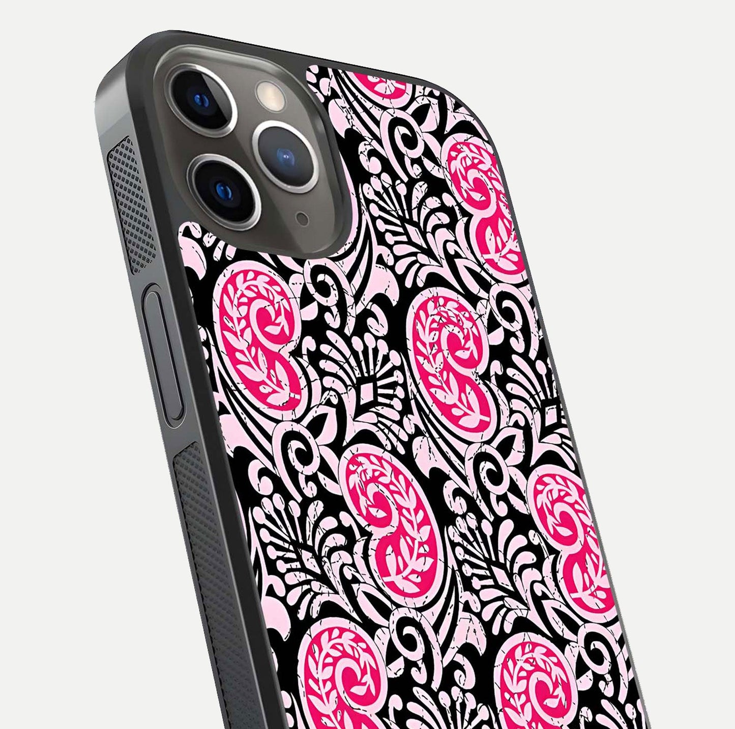 Crimson Paisley Charm Glass Case for iPhone 13 Pro close-up highlighting fine pattern detail and reflection tone