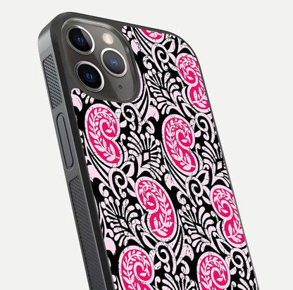 Crimson Paisley Charm Glass Case for iPhone 13 Pro close-up highlighting fine pattern detail and reflection tone