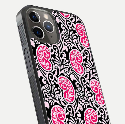 Crimson Paisley Charm Glass Case for iPhone 13 Pro close-up highlighting fine pattern detail and reflection tone
