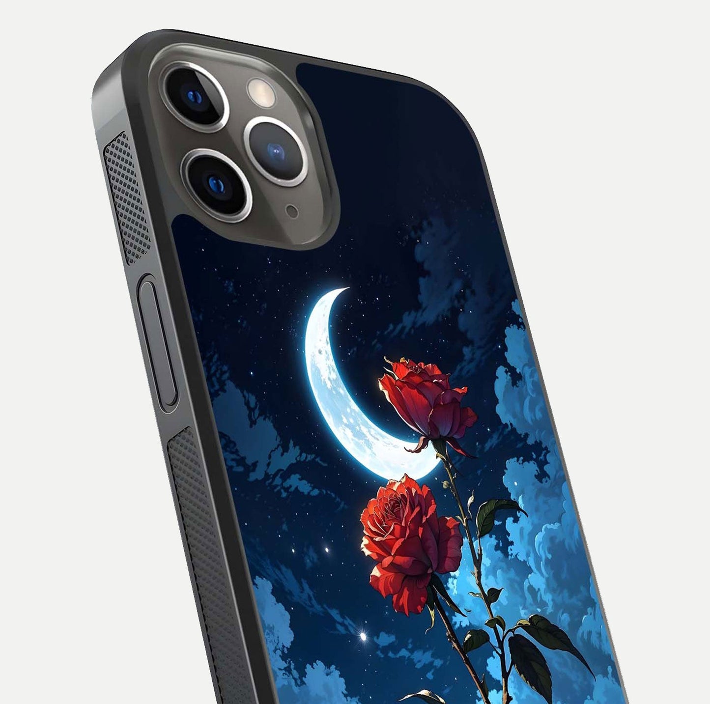 Crimson Rose Moon Glass Case for iPhone 13 Pro close-up showing rose detail and reflection highlight