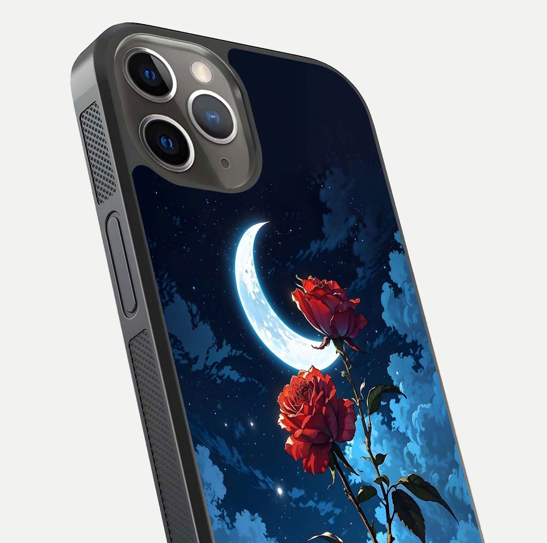 Crimson Rose Moon Glass Case for iPhone 13 Pro close-up showing rose detail and reflection highlight