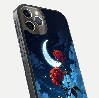 Crimson Rose Moon Glass Case for iPhone 13 Pro close-up showing rose detail and reflection highlight