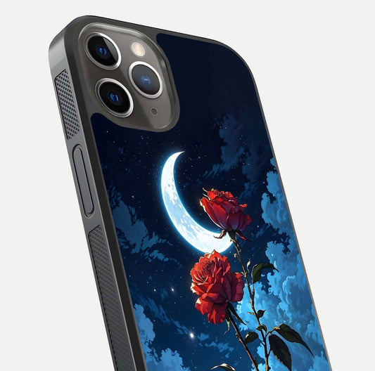 Crimson Rose Moon Glass Case for iPhone 13 Pro close-up showing rose detail and reflection highlight
