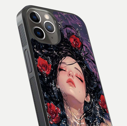 Crimson Rose Serenity Glass Case for iPhone 13 Pro close-up highlighting rose gradient and reflection detail