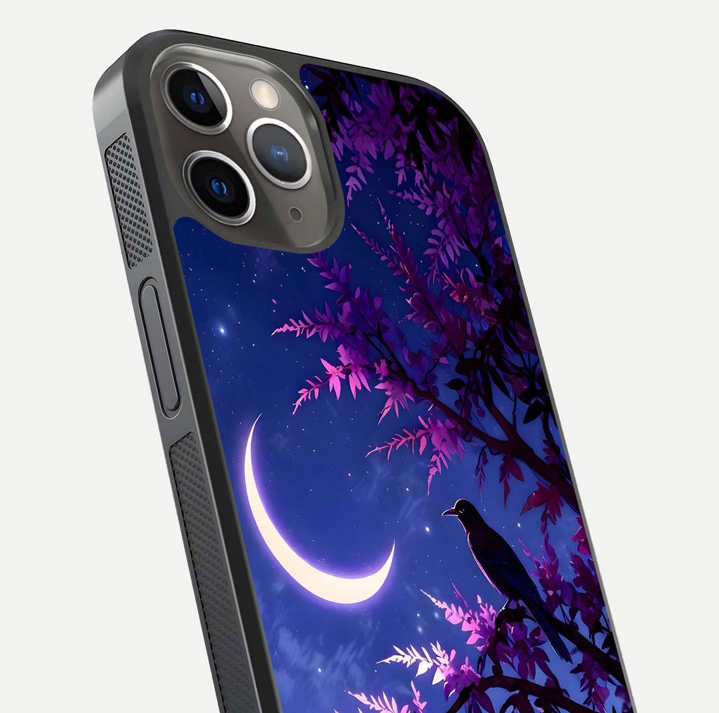Crow & Moon Scenery Glass Case for iPhone 13 Pro close-up highlighting moon detail, dark tones, and glass reflection