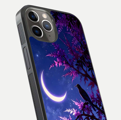 Crow & Moon Scenery Glass Case for iPhone 13 Pro close-up highlighting moon detail, dark tones, and glass reflection