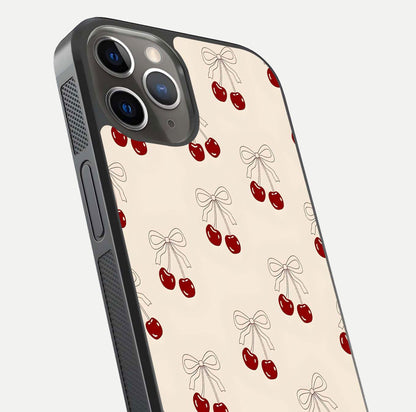 Cute Cherry Pattern Glass Case for iPhone 13 Pro close-up showing cherry cluster details and light reflection