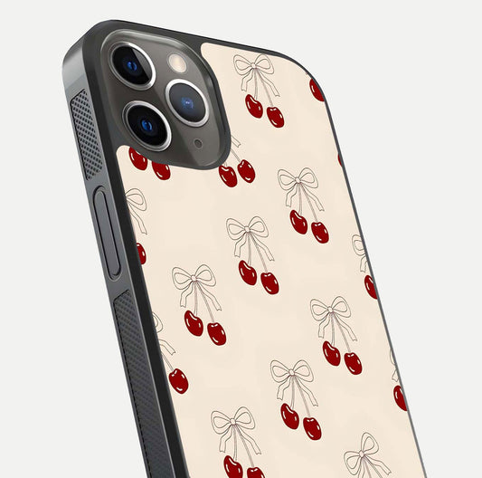 Cute Cherry Pattern Glass Case for iPhone 13 Pro close-up showing cherry cluster details and light reflection