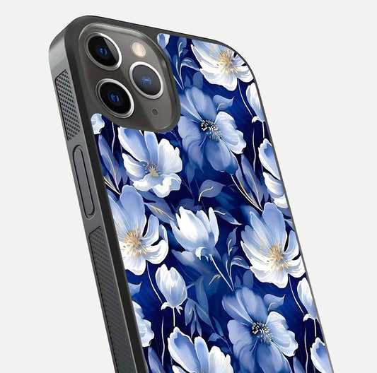 Cute Floral Patterns Glass Case for iPhone 13 Pro close-up highlighting flowers and gloss reflection