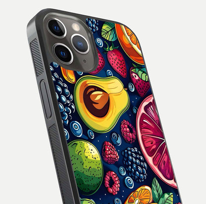 Cute Fruits Art Glass Case for iPhone 13 Pro close-up highlighting fruit shapes, color tones, and reflection polish
