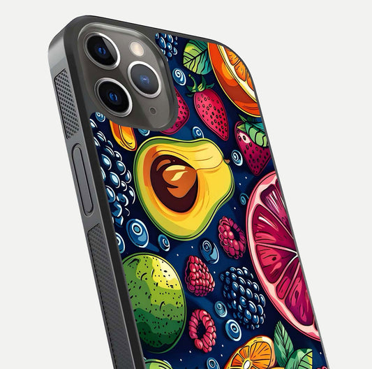 Cute Fruits Art Glass Case for iPhone 13 Pro close-up highlighting fruit shapes, color tones, and reflection polish