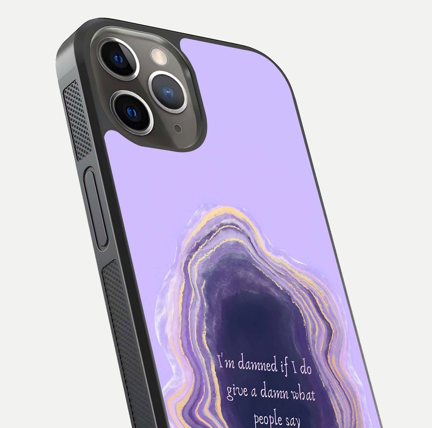 Damned People Quote Glass Case for iPhone 13 Pro close-up highlighting quote text and reflection depth