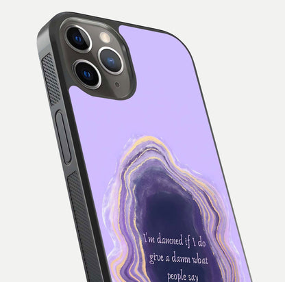 Damned People Quote Glass Case for iPhone 13 Pro close-up highlighting quote text and reflection depth