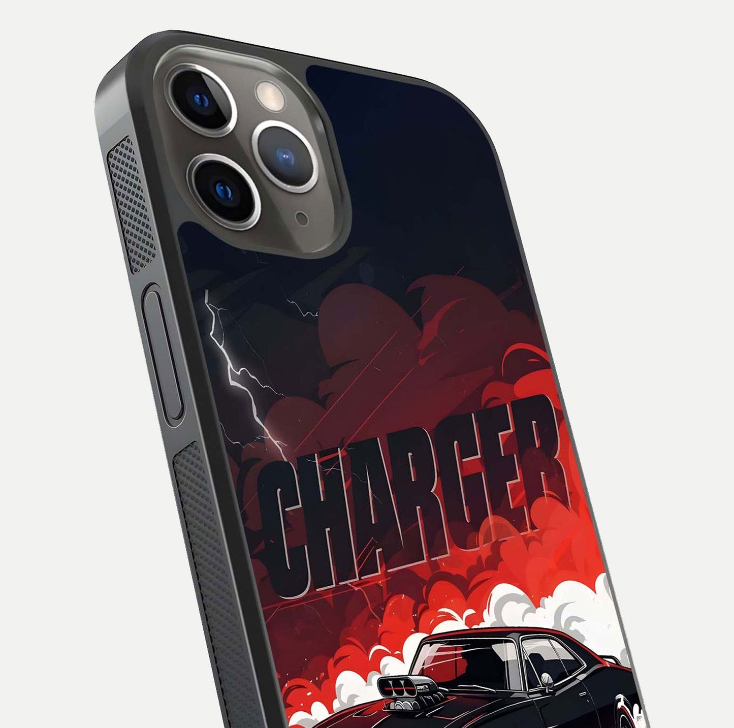 Dark Charger Fury Glass Case for iPhone 13 Pro close-up highlighting car reflection and light gloss