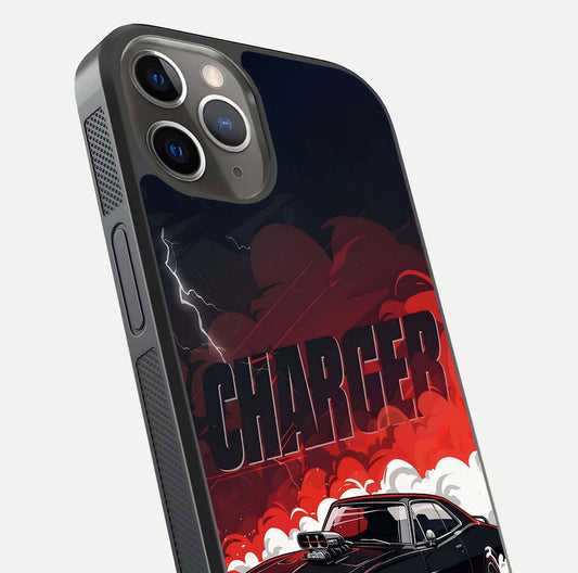 Dark Charger Fury Glass Case for iPhone 13 Pro close-up highlighting car reflection and light gloss