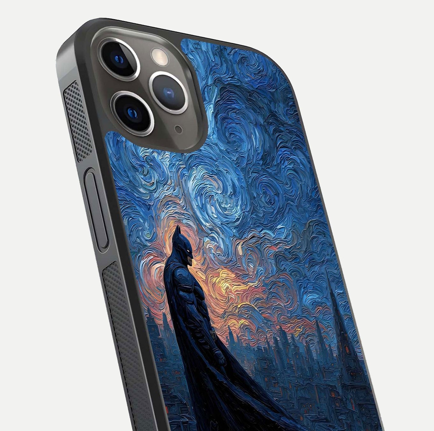 Dark Knight Dusk Glass Case for iPhone 13 Pro close-up highlighting dark suit texture and reflection detail
