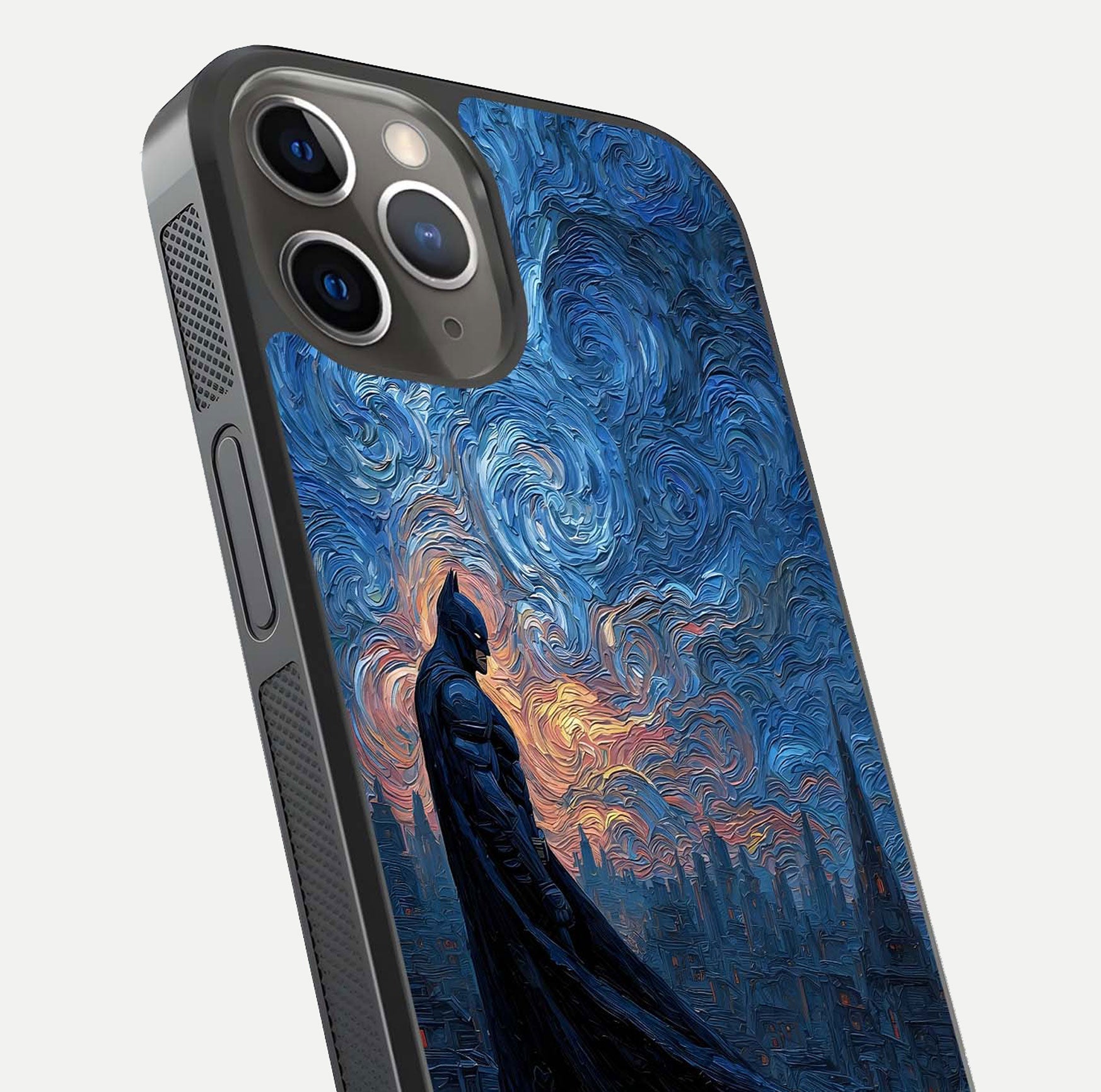 Dark Knight Dusk Glass Case for iPhone 13 Pro close-up highlighting dark suit texture and reflection detail