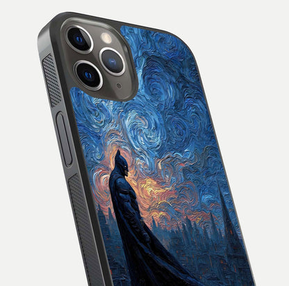 Dark Knight Dusk Glass Case for iPhone 13 Pro close-up highlighting dark suit texture and reflection detail