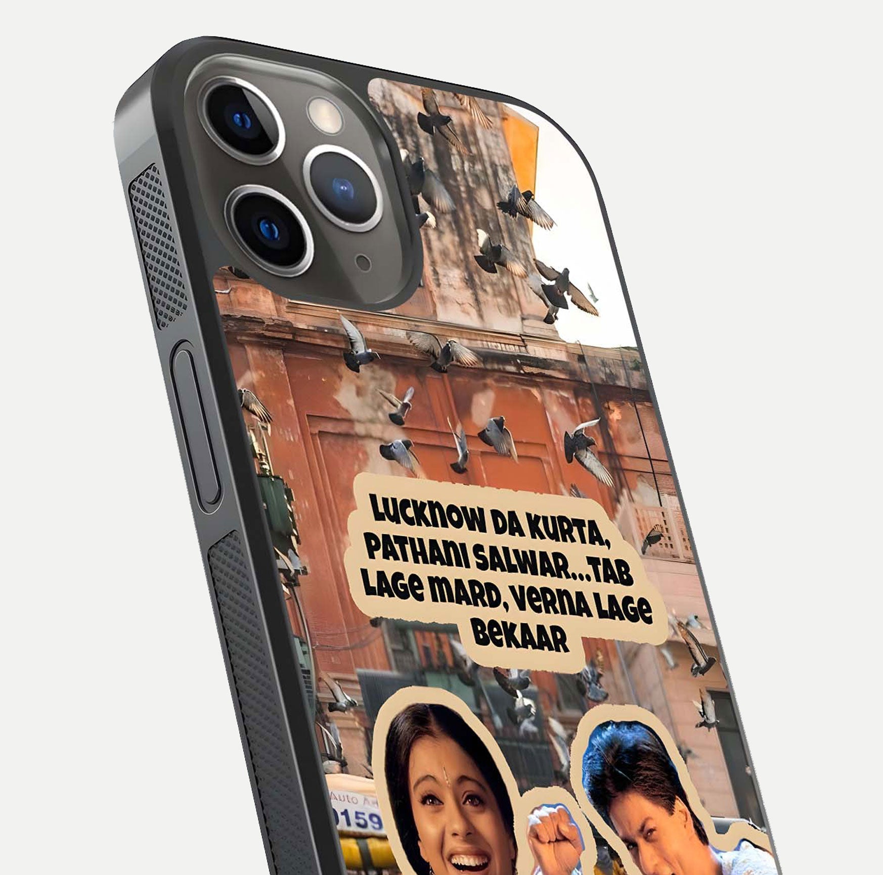 Desi Retro Vibes Glass Case for iPhone 13 Pro close-up highlighting retro color palette and reflection glow