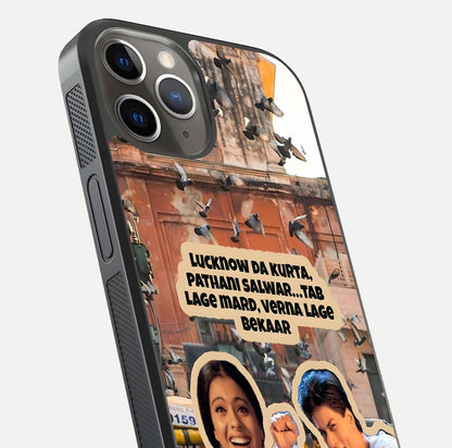 Desi Retro Vibes Glass Case for iPhone 13 Pro close-up highlighting retro color palette and reflection glow